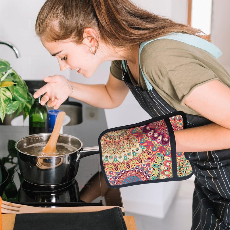 HUGANE Colorful Abstract Mandala Floral Pot Holders for Kitchen, Boho Vibrant Ethnic Flower Botanical Heat Resistant Hot Pads and Oven Mitts for Baking Cooking - Image 3